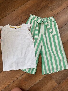 Kids Mini Boden Set: White Tank Top and Green Stripe Pants Set